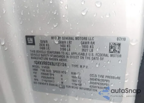 2011 GMC Acadia Slt-1 z USA, uszkodzony, nr VIN 1GKKVREDXBJ127124